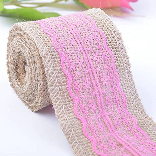 Spitzenband,Deko Spitzenband,6m Juteband mit Spitze, Breite 6cm Vintage Spitzen Jutebänder, Natur Jutebänder und Spitzen Dekoband(Pink red,3x 2m) von EQEQE