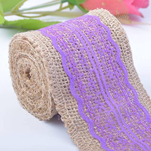 Spitzenband,Deko Spitzenband,6m Juteband mit Spitze, Breite 6cm Vintage Spitzen Jutebänder, Natur Jutebänder und Spitzen Dekoband(Purple,1x 2m) von EQEQE