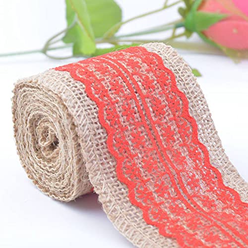 Spitzenband,Deko Spitzenband,6m Juteband mit Spitze, Breite 6cm Vintage Spitzen Jutebänder, Natur Jutebänder und Spitzen Dekoband(Red,5x 2m) von EQEQE
