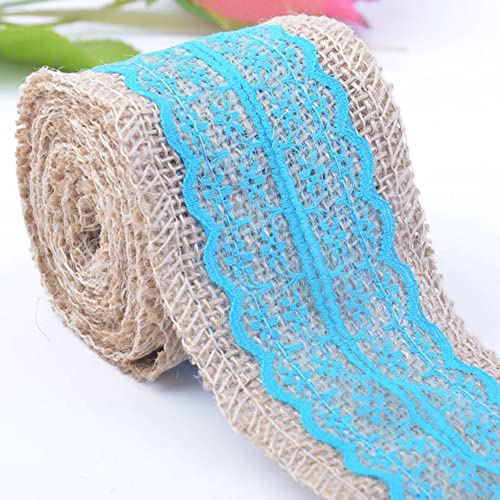 Spitzenband,Deko Spitzenband,6m Juteband mit Spitze, Breite 6cm Vintage Spitzen Jutebänder, Natur Jutebänder und Spitzen Dekoband(Sky blue,5x 2m) von EQEQE