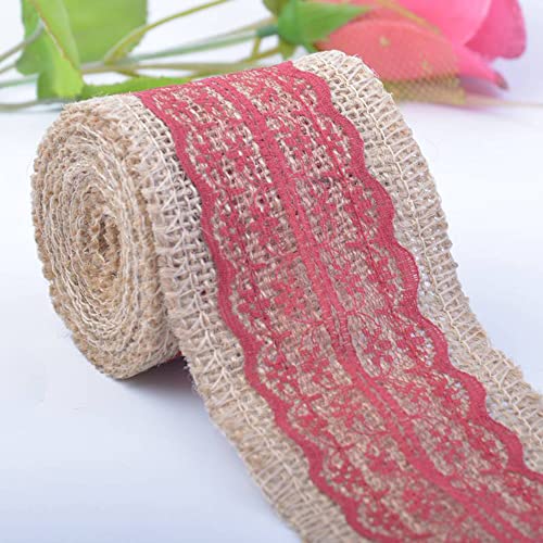 Spitzenband,Deko Spitzenband,6m Juteband mit Spitze, Breite 6cm Vintage Spitzen Jutebänder, Natur Jutebänder und Spitzen Dekoband(Wine Red,2x 2m) von EQEQE