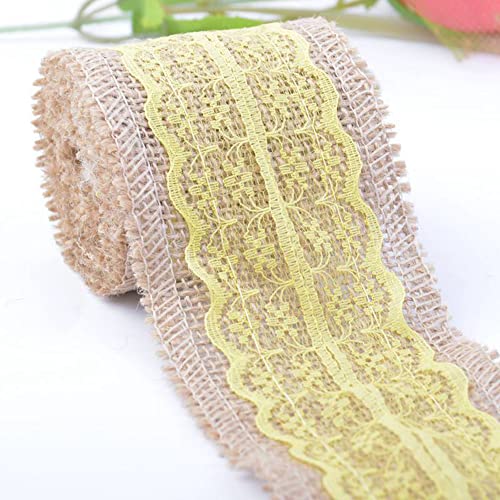 Spitzenband,Deko Spitzenband,6m Juteband mit Spitze, Breite 6cm Vintage Spitzen Jutebänder, Natur Jutebänder und Spitzen Dekoband(Yellow,5x 2m) von EQEQE