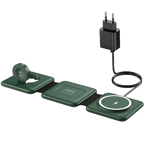 Mag-Safe Ladestation Für iPhone Wireless Charger - 3 in 1 Faltbare Kabelloses Ladegerät Kompatibel mit iPhone 15 14 13 12 Pro Max Plus, Travel Charging Station Für Apple Watch & Air Pods (Grün) von ER-ESTAVEL