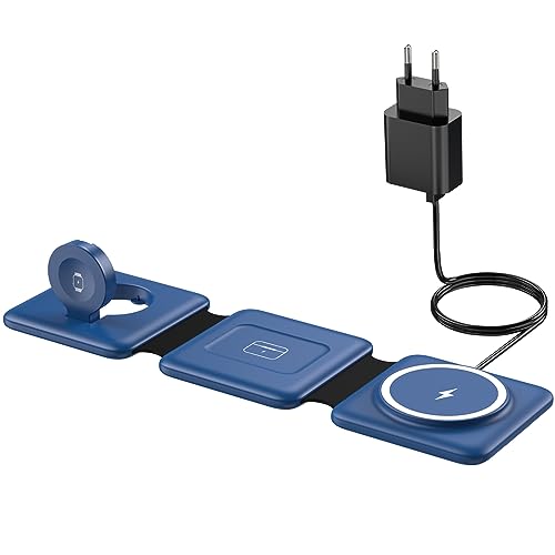 Mag-Safe Ladestation Für iPhone Wireless Charger - 3 in 1 Faltbare Kabelloses Ladegerät Kompatibel mit iPhone 16 15 14 13 12 Pro Max Plus, Travel Charging Station Für Apple Watch & Air Pods (Blau) von ER-ESTAVEL