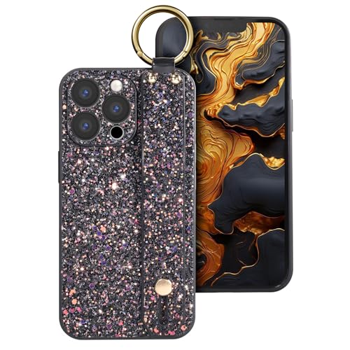 ERDARARIPRO Glitzer Hülle Kompatibel mit iPhone 12 Pro Max 6,7 Zoll Armband Ständer Metall Karabiner Ring Bling Sparkly Fashion Cute Case Cover Frauen Mädchen Schwarz von ERDARARIPRO