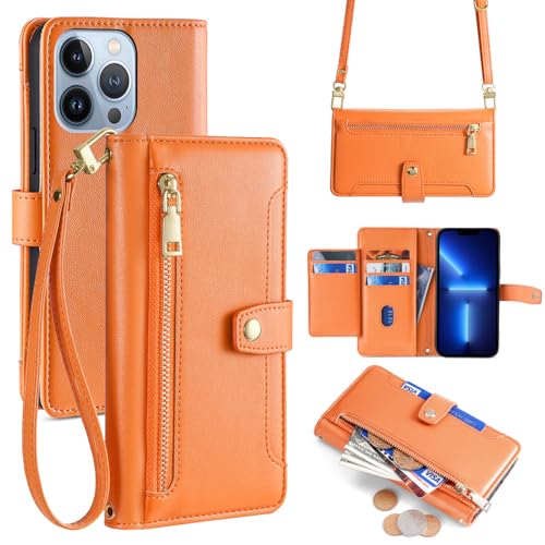 ERDARARIPRO Hülle für Apple iPhone 12 Pro Max mit Trageband, Flip Wallet Handyhülle mit Magnetischem Reißverschluss [6 Kartenfächer+1 Bargeldfach] Folio aus Luxuriösem Veganem Leder Orange Farbe von ERDARARIPRO