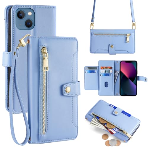 ERDARARIPRO Hülle für OnePlus Ace 5/OnePlus Ace 5 Pro mit Trageband, Flip Wallet Handyhülle mit Ständer und Magnetischem Reißverschluss [6 Kartenfächer+1 Bargeldfach] Folio aus Veganem Leder Blau von ERDARARIPRO