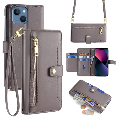 ERDARARIPRO Hülle für Xiaomi Redmi Note 14 5G/Poco M7 Pro 5G mit Trageband, Flip Wallet Handyhülle mit Ständer und Magnetischem Reißverschluss [6 Kartenfächer+1 Bargeldfach] Folio aus Leder Grau von ERDARARIPRO