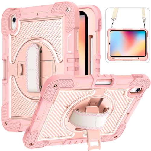 ERDARARIPRO Tablet Hülle für Apple iPad 10 (2022) 10.9 inch, Niedliche Stoßfeste Cartoon Hülle mit 360° Drehbarem Ständer, Handschlaufe und Stifthalter Roségold von ERDARARIPRO