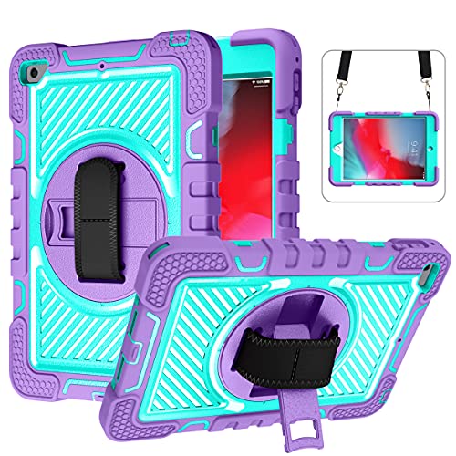 ERDARARIPRO Tablet Hülle für Apple iPad Mini 4(2015)/Apple iPad Mini 5(2019), Niedliche Stoßfeste Cartoon Hülle mit 360° Drehbarem Ständer und Handschlaufe Schultergurt Lila+Mintgrün von ERDARARIPRO