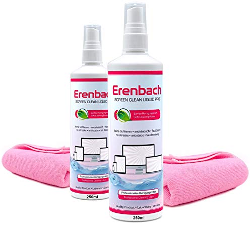 Erenbach Liquid Pro 2X Bildschirmreiniger (250 ml) mit 2X Mikrofasertuch - Perfekte Reinigung Aller Bildschirme und Displays - Streifenfrei ohne Schlieren von ERENBACH