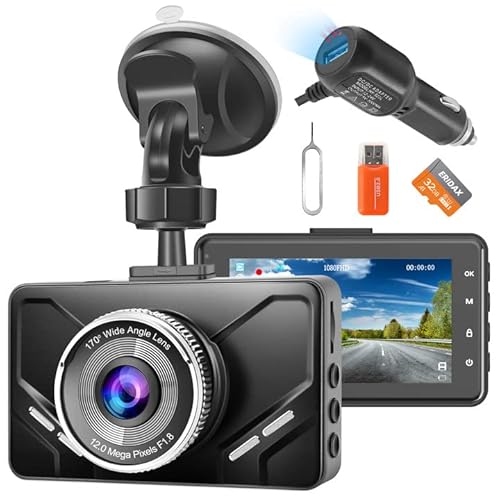 1080P FHD Dashcam mit SD-Karte, 3''IPS Bildschirm, Nachtsicht, 170° Weitwinkel, G-Sensor, Loop-Aufnahme, Bewegungserkennung, Parküberwachung, WDR, Zinklegierung Frontabdeckung von ERIDAX