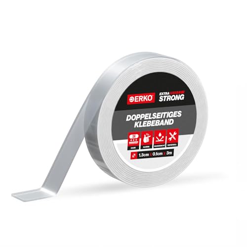 ERKO Doppelseitiges Klebeband NANO Extra Stark Multifunktional zu Hause - 3m, Transparent, Abwaschbar, Waschbares, Spurloses, Rutschfest von ERKO