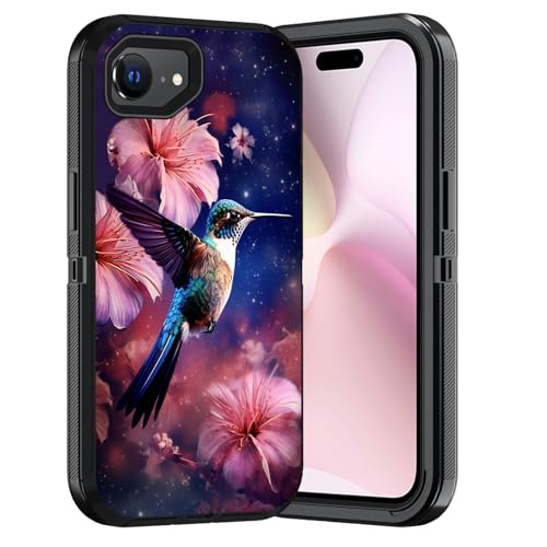 ERWYTYIOI Schutzhülle für iPhone 16e, strapazierfähig, 3-lagig, Militärqualität, kratzfest, stoßfest, stilvolle Handy-Schutzhülle für iPhone 16e (6,1 Zoll, 2025), Kolibri-Blumen von ERWYTYIOI