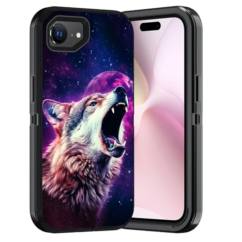 ERWYTYIOI Schutzhülle für iPhone 16e, strapazierfähig, 3-lagig, Militärqualität, kratzfest, stoßfest, stilvolle Handy-Schutzhülle für iPhone 16e (6,1 Zoll, 2025), Wolf heult unter dem Mond von ERWYTYIOI