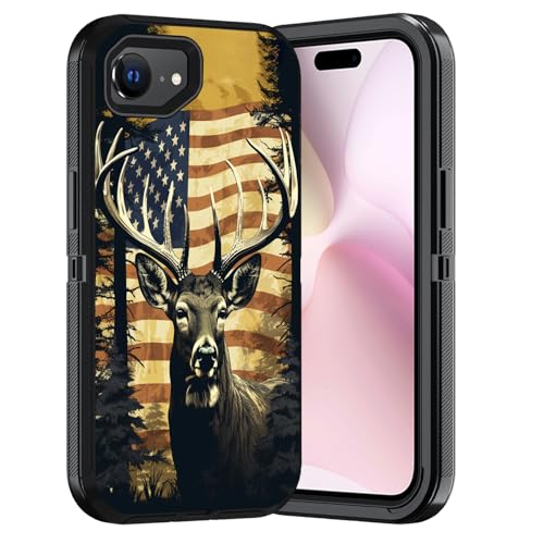 ERWYTYIOI Schutzhülle für iPhone 16e, strapazierfähig, 3-lagig, Militärqualität, kratzfest, stoßfest, stilvolle Handy-Schutzhülle für iPhone 16e (6,1 Zoll, 2025), amerikanische Flagge, Dschungelhirsch von ERWYTYIOI