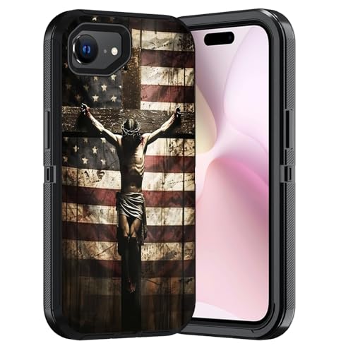 ERWYTYIOI Schutzhülle für iPhone 16e, strapazierfähig, 3-lagig, Militärqualität, kratzfest, stoßfest, stilvolle Handy-Schutzhülle für iPhone 16e (6,1 Zoll, 2025), amerikanische Flagge, Kreuz Jesus von ERWYTYIOI