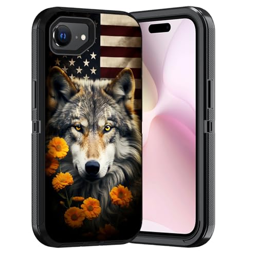 ERWYTYIOI Schutzhülle für iPhone 16e, strapazierfähig, 3-lagig, Militärqualität, kratzfest, stoßfest, stilvolle Handy-Schutzhülle für iPhone 16e (6,1 Zoll, 2025), amerikanische Flagge, Wolf von ERWYTYIOI