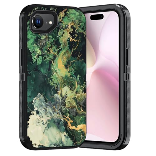 ERWYTYIOI Schutzhülle für iPhone 16e, strapazierfähig, 3-lagig, Militärqualität, kratzfest, stoßfest, stilvolle Handy-Schutzhülle für iPhone 16e (6,1 Zoll, 2025), grüner abstrakter Marmor von ERWYTYIOI