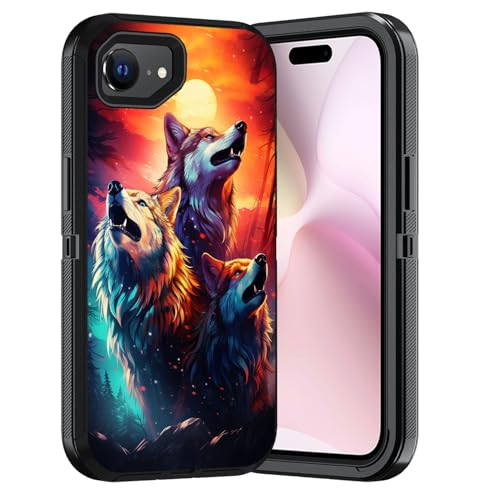 ERWYTYIOI Schutzhülle für iPhone 16e, strapazierfähig, 3-lagig, Militärqualität, kratzfest, stoßfest, stilvolle Handy-Schutzhülle für iPhone 16e (6,1 Zoll, 2025) – Wolf heult unter dem Mond von ERWYTYIOI