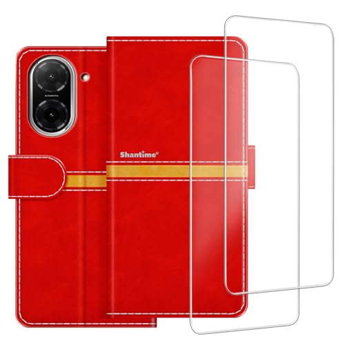 Colorblock Stripe PU Leder Wallet Case + 2er-Pack Displayschutzfolie aus gehärtetem Glas, kompatibel mit Xiaomi Redmi A5 4G, schlanke, langlebige Hülle, Kartenfächer, vollständiger Schutz (Rot) von ESACMOT