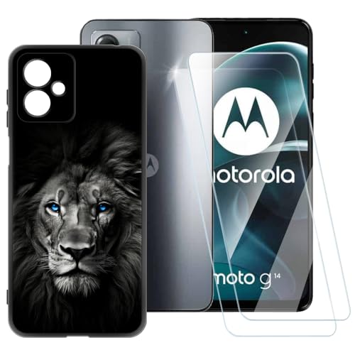 Dunkle Löwenmuster Hülle Kompatibel mit Motorola Moto G14 + [2 Pack] Displayschutzfolie aus gehärtetem Glas, stoßfeste Schutzhülle für Motorola Moto G14 (6,5 Zoll) von ESACMOT