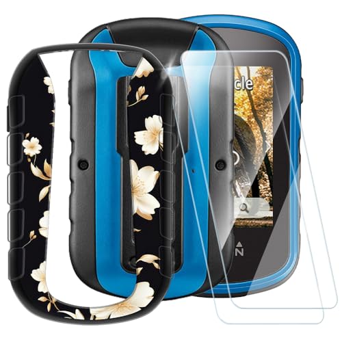 ESACMOT Goldene Blumen Muster Hülle Kompatibel mit Garmin eTrex Touch 25 + [2 Pack] Displayschutzfolie aus gehärtetem Glas, stoßfeste Schutzhülle für Garmin eTrex Touch 35 (2,6 Zoll) von ESACMOT