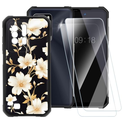 ESACMOT Goldene Blumen Muster Hülle Kompatibel mit Oukitel WP17 + [2 Pack] Displayschutzfolie aus gehärtetem Glas, stoßfeste Schutzhülle für Oukitel WP17 (6,8 Zoll) von ESACMOT