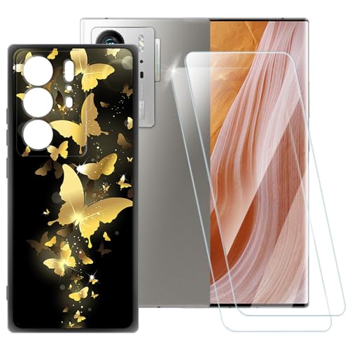 ESACMOT Goldene Schmetterlingsmuster-Hülle, kompatibel mit ZTE Axon 40 Ultra + [2 Pack] Displayschutzfolie aus gehärtetem Glas, stoßfeste Schutzhülle für ZTE Axon 40 Ultra Space Edition (6,8 Zoll) von ESACMOT