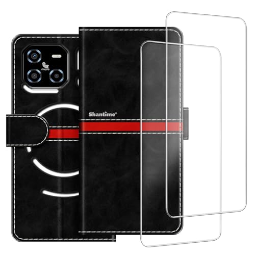 Colorblock Stripe PU Leder Wallet Case + 2-Pack Tempered Glass Screen Protector Compatible with Doogee Blade GT Ultra, Slim Durable Cover Card Slots Full Protection (Black) von ESACMOT