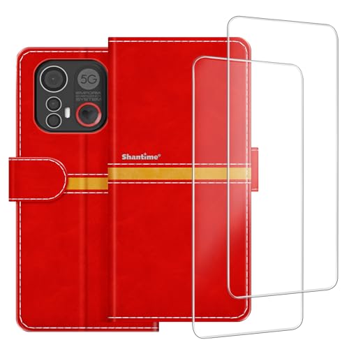 Colorblock Stripe PU-Leder-Schutzhülle + 2er-Pack Displayschutzfolie aus gehärtetem Glas, kompatibel mit Emporia ME.6, schlanke, langlebige Hülle, Kartenfächer, vollständiger Schutz (Rot) von ESACMOT