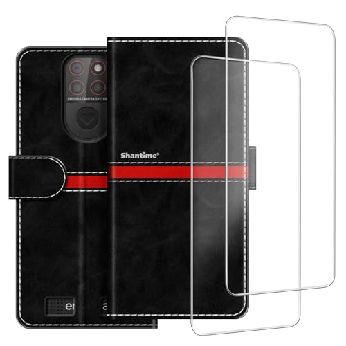 ESACMOT Handyhülle Kompatibel mit Emporia Smart 5 Mini + [2 Pack] Displayschutzfolie Glasfolie, Premium Leder Magnet Schutzhülle Case Cover für Emporia Smart 5 Mini (4,6 Zoll) Schwarz von ESACMOT