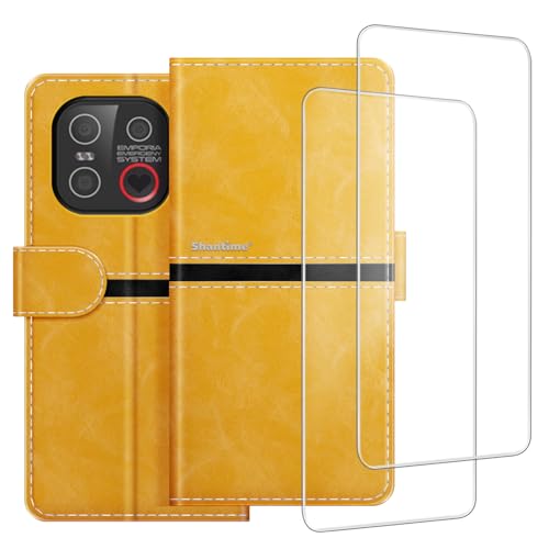 ESACMOT Handyhülle Kompatibel mit Emporia Smart 6 Lite + [2 Pack] Displayschutzfolie Glasfolie, Premium Leder Magnet Schutzhülle Case Cover für Emporia E6 Lite (5,5 Zoll) Gold von ESACMOT