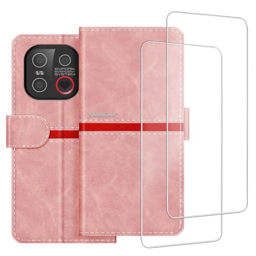 ESACMOT Handyhülle Kompatibel mit Emporia Smart 6 Lite + [2 Pack] Displayschutzfolie Glasfolie, Premium Leder Magnet Schutzhülle Case Cover für Emporia E6 Lite (5,5 Zoll) Rosa von ESACMOT