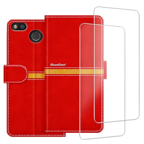 ESACMOT Handyhülle Kompatibel mit Fairphone 3 + [2 Pack] Displayschutzfolie Glasfolie, Premium Leder Magnet Schutzhülle Cover für Fairphone 3+ (5,7 Zoll) Rot von ESACMOT