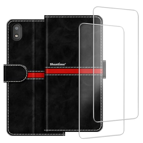 ESACMOT Handyhülle Kompatibel mit Gigaset GS110 + [2 Pack] Displayschutzfolie Glasfolie, Premium Leder Magnet Schutzhülle Case Cover für Gigaset GS110 (6,1 Zoll) Schwarz von ESACMOT