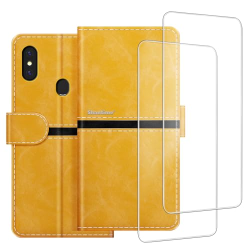 Colorblock Stripe PU-Leder-Schutzhülle + 2er-Pack Displayschutzfolie aus gehärtetem Glas, kompatibel mit Gigaset GS290, schlanke, langlebige Hülle, Kartenfächer, vollständiger Schutz (Gold) von ESACMOT