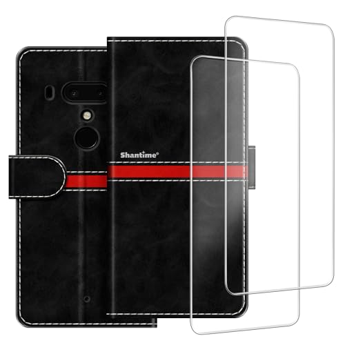 ESACMOT Handyhülle Kompatibel mit HTC U12 Plus + [2 Pack] Displayschutzfolie Glasfolie, Premium Leder Magnet Schutzhülle Case Cover für HTC Exodus 1 (6 Zoll) Schwarz von ESACMOT
