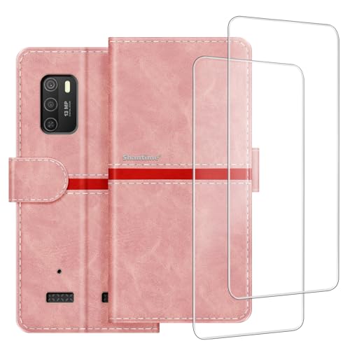 ESACMOT Handyhülle Kompatibel mit Hammer Iron 4 + [2 Pack] Displayschutzfolie Glasfolie, Premium Leder Magnet Schutzhülle Cover für Hammer Iron 4 (5,4 Zoll) Rosa von ESACMOT