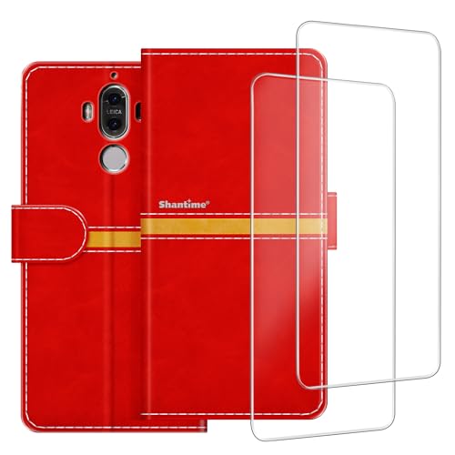 ESACMOT Handyhülle Kompatibel mit Huawei Mate 9 + [2 Pack] Displayschutzfolie Glasfolie, Premium Leder Magnet Schutzhülle Cover für Huawei Mate 9 (5,9 Zoll) Rot von ESACMOT