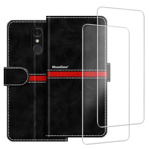 ESACMOT Handyhülle Kompatibel mit LG Q7 + [2 Pack] Displayschutzfolie Glasfolie, Premium Leder Magnet Schutzhülle Cover für LG Q7 Plus (5,5 Zoll) Schwarz von ESACMOT