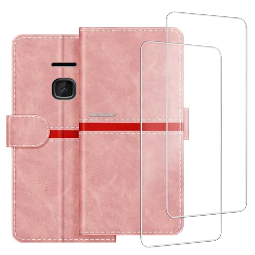 ESACMOT Handyhülle Kompatibel mit Nokia 225 4G 2020 + [2 Pack] Displayschutzfolie Glasfolie, Leder Magnet Schutzhülle für Nokia 225 4G 2020 (2,4 Zoll) Rosa von ESACMOT