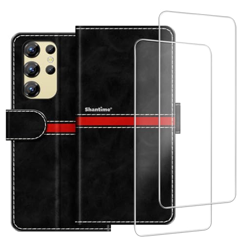 Colorblock Stripe PU Leder Wallet Case + 2er-Pack Displayschutzfolie aus gehärtetem Glas, kompatibel mit Oukitel C1 2025, schlanke, langlebige Hülle, Kartenfächer, vollständiger Schutz (Schwarz) von ESACMOT