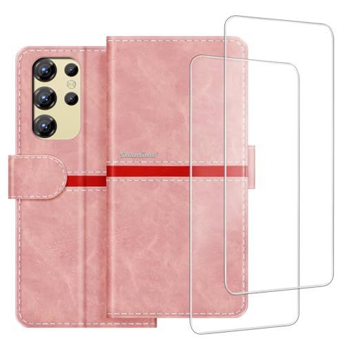 Colorblock Stripe PU Leder Wallet Case + 2er-Pack Displayschutzfolie aus gehärtetem Glas, kompatibel mit Oukitel C1 2025, schlanke, langlebige Hülle, Kartenfächer, vollständiger Schutz (Rosa) von ESACMOT