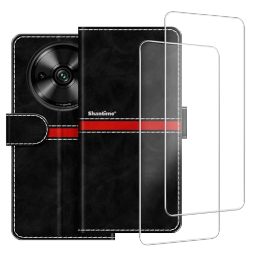 Colorblock Stripe PU Leder Wallet Case + 2er-Pack Displayschutzfolie aus gehärtetem Glas, kompatibel mit Oukitel C59, schlanke, langlebige Abdeckung, Kartenfächer, vollständiger Schutz (Schwarz) von ESACMOT
