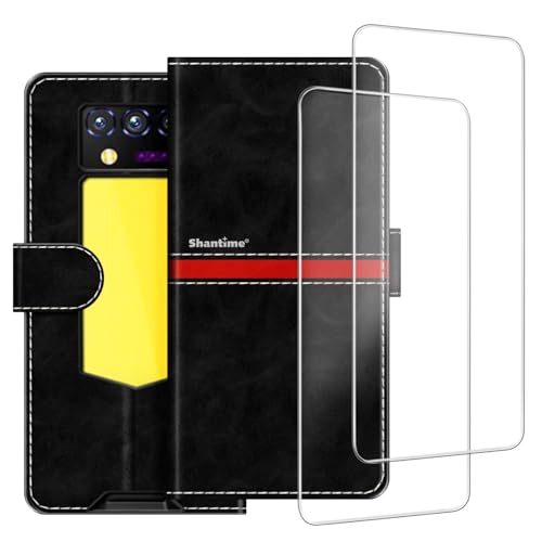 Colorblock Stripe PU Leder Wallet Case + 2er-Pack Displayschutzfolie aus gehärtetem Glas, kompatibel mit Oukitel WP100 Titan, schlanke, langlebige Hülle, Kartenfächer, vollständiger Schutz (Schwarz) von ESACMOT