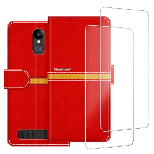 ESACMOT Handyhülle Kompatibel mit SPC Zeus 4G + [2 Pack] Displayschutzfolie Glasfolie, Premium Leder Magnet Schutzhülle Cover für SPC Zeus 4G Pro (5,5 Zoll) Rot von ESACMOT