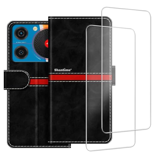 Colorblock Stripe PU Leder Wallet Case + 2er-Pack Displayschutzfolie aus gehärtetem Glas, kompatibel mit ZTE Nubia Music Z2353, schlanke, langlebige Hülle, Kartenfächer, vollständiger Schutz, Schwarz von ESACMOT