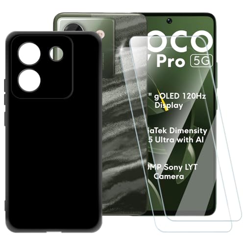 ESACMOT Pure Black Hülle Kompatibel mit Xiaomi Poco M7 Pro 5G + [2 Pack] Displayschutzfolie aus gehärtetem Glas, stoßfeste Schutzhülle für Xiaomi Poco M7 Pro 5G (6,67 Zoll) von ESACMOT