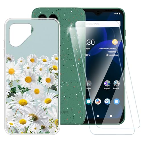 ESACMOT Schutzhülle mit Gänseblümchen-Motiv, kompatibel mit Fairphone 4 + [2 Stück] Displayschutzfolie aus gehärtetem Glas, stoßfeste Schutzhülle für Fairphone 4 (6,3 Zoll) von ESACMOT
